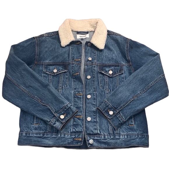 Unveil Medium-Wash Jean Trucker Jacket Fuzzy Sherpa Collar Women's Size Medium - Picture 1 of 8